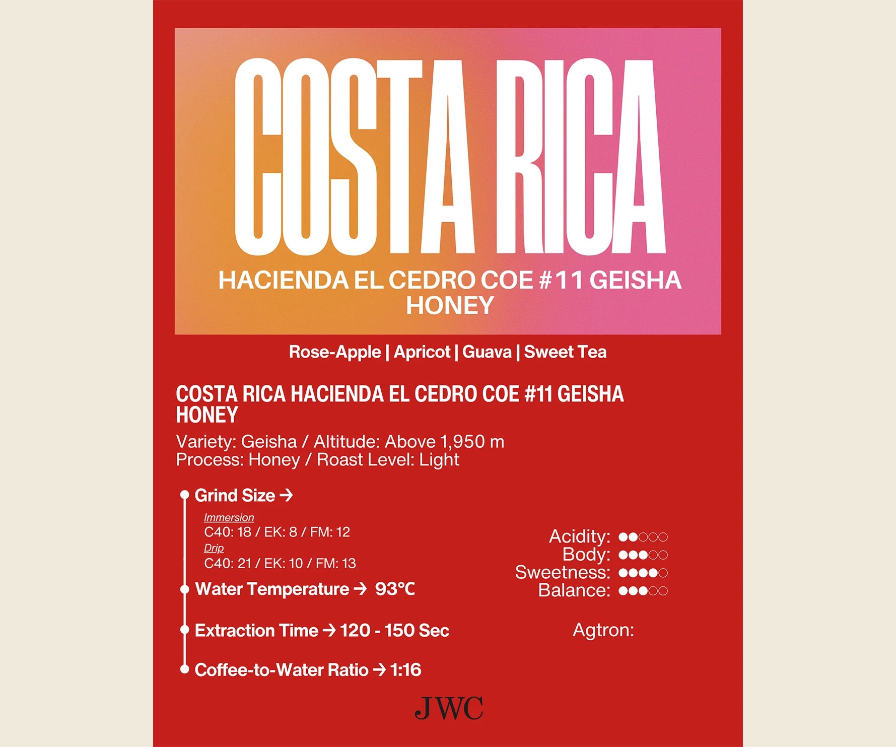 Costa Rica Haciend El Cedro COE #11 Geisha Honey